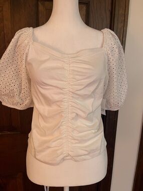 GAP Cream Eyelet Puff-Sleeve Ruched Square-Neck Top